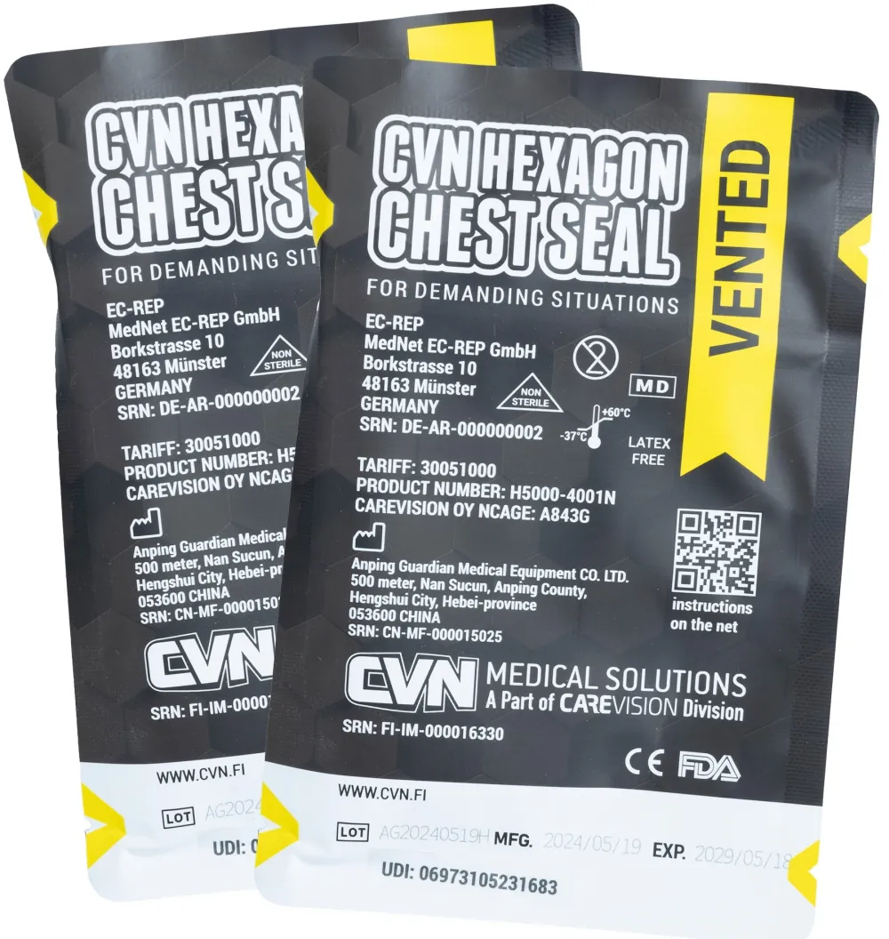 CVN Medical Solutions Ensiapu ^ CVN Hexagon Chest Seal venttiilillinen ilmarintasidos, 2-Pack